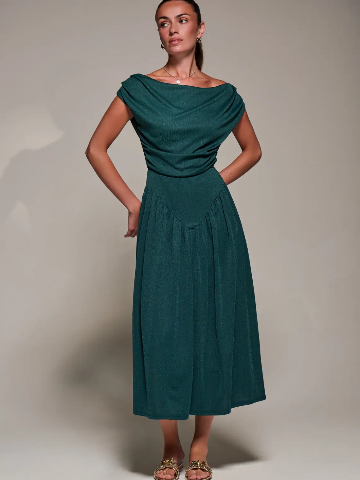 Asymmetric Neckline Midaxi Dress, Dark Green