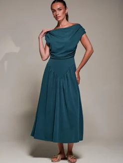 Asymmetric Neckline Midaxi Dress, Dark Teal