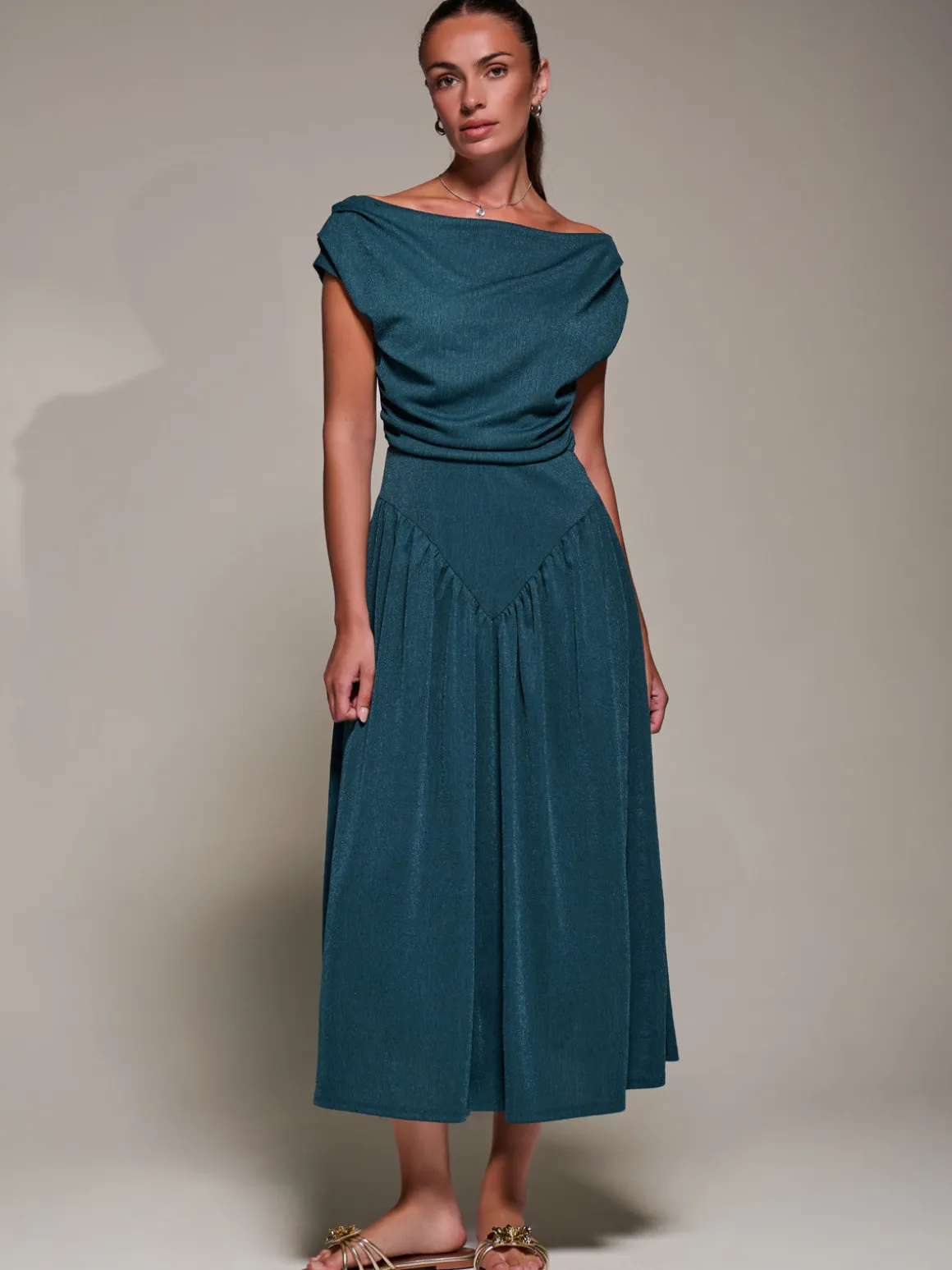 Asymmetric Neckline Midaxi Dress, Dark Teal