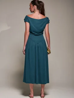 Asymmetric Neckline Midaxi Dress, Dark Teal