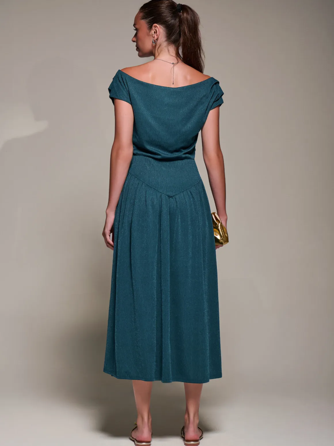 Asymmetric Neckline Midaxi Dress, Dark Teal