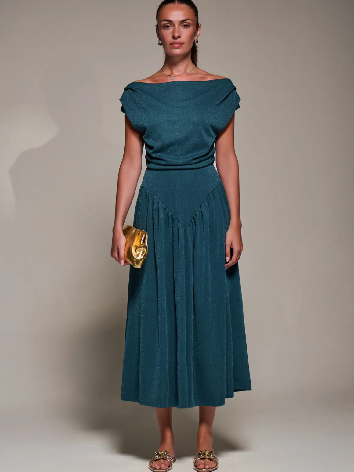 Asymmetric Neckline Midaxi Dress, Dark Teal