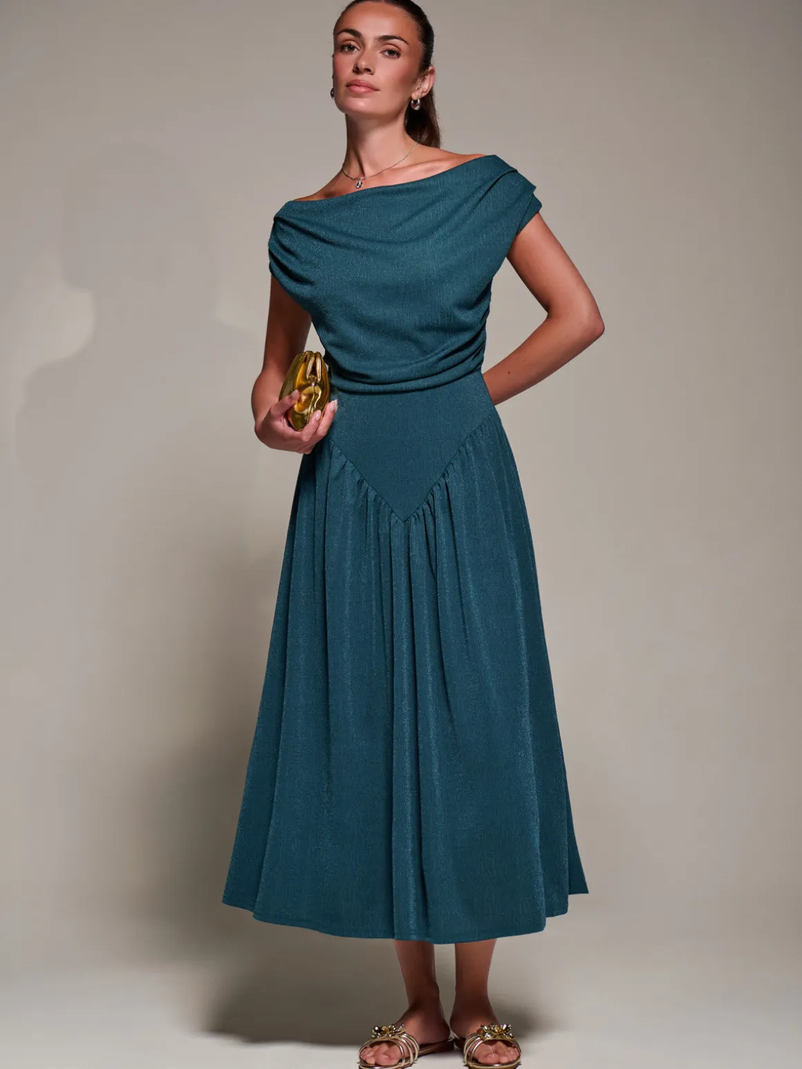 Asymmetric Neckline Midaxi Dress, Dark Teal