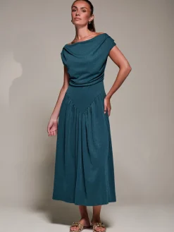 Asymmetric Neckline Midaxi Dress, Dark Teal