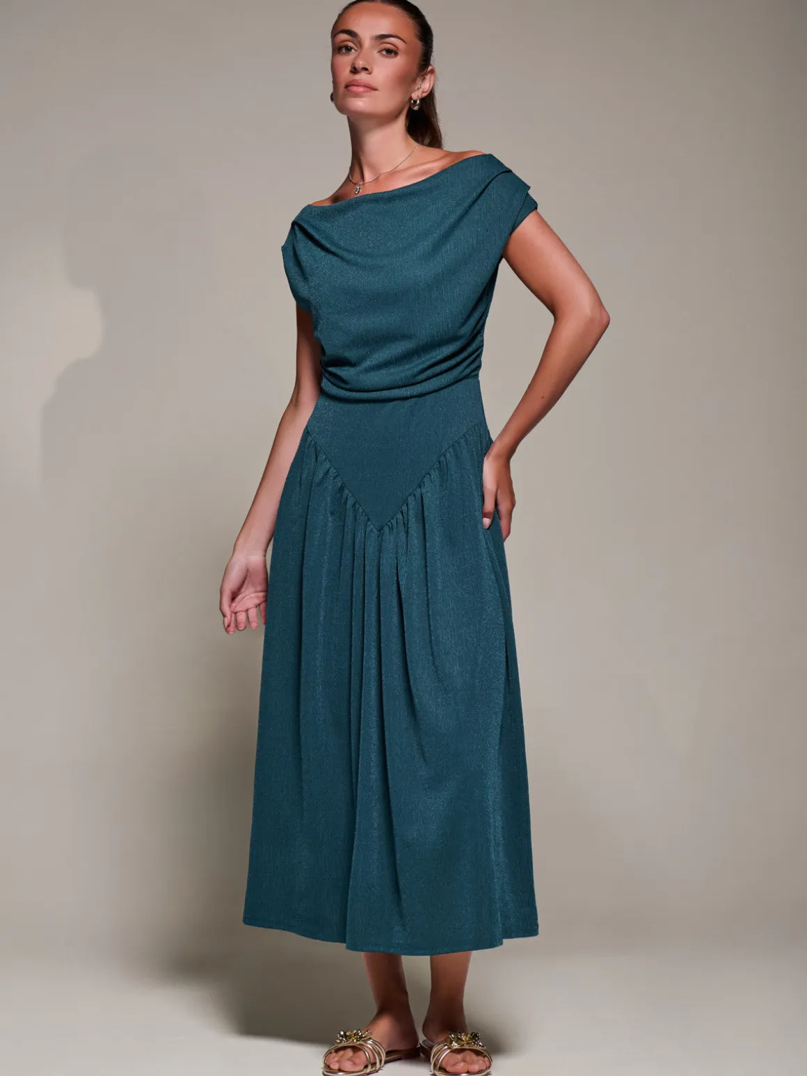 Asymmetric Neckline Midaxi Dress, Dark Teal