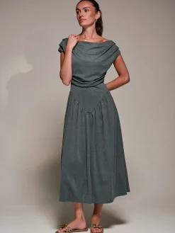 Asymmetric Neckline Midaxi Dress, Khaki