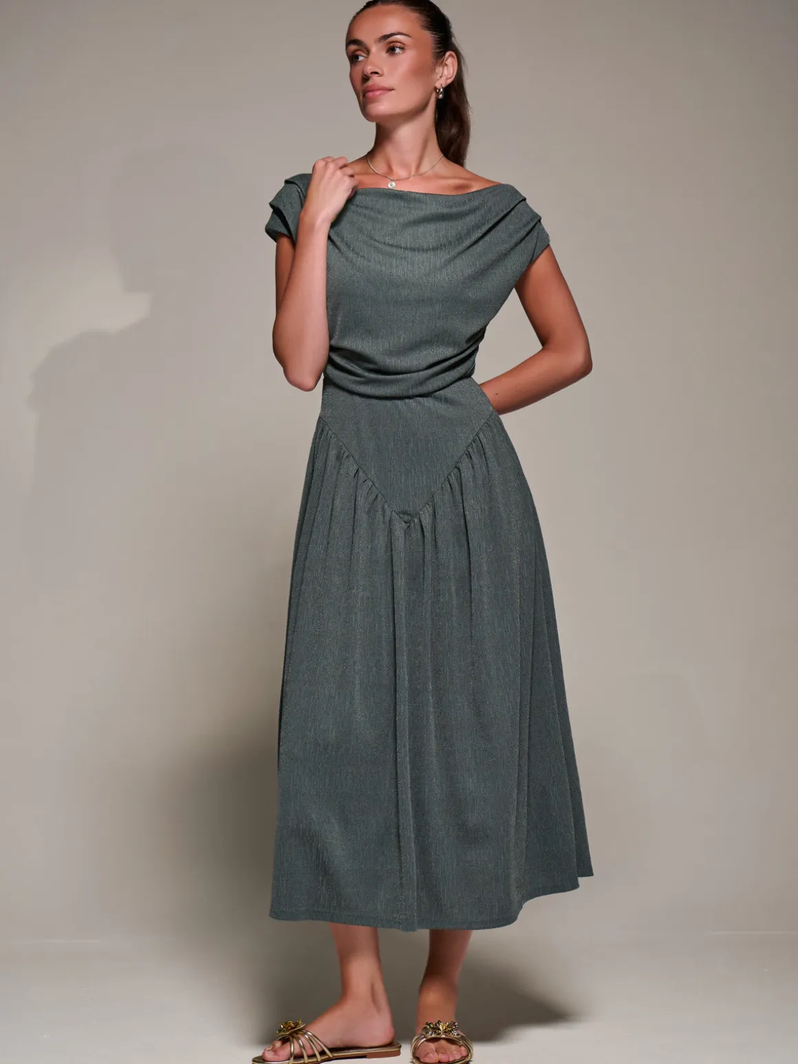 Asymmetric Neckline Midaxi Dress, Khaki