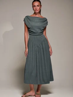 Asymmetric Neckline Midaxi Dress, Khaki