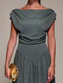 Asymmetric Neckline Midaxi Dress, Khaki