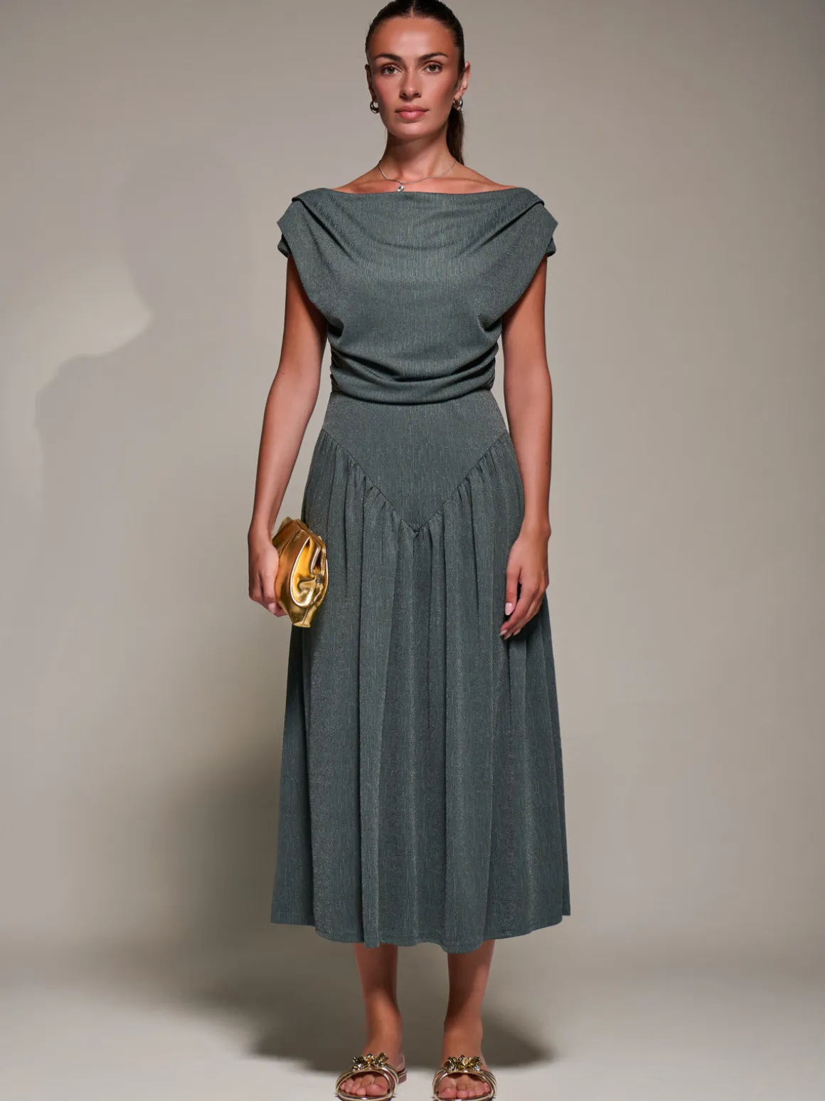 Asymmetric Neckline Midaxi Dress, Khaki