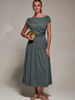 Asymmetric Neckline Midaxi Dress, Khaki