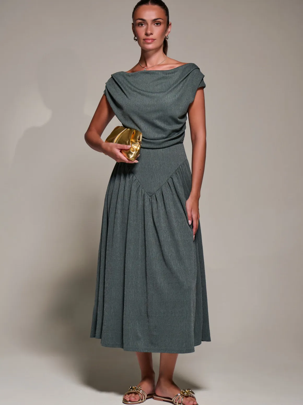 Asymmetric Neckline Midaxi Dress, Khaki