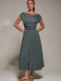 Asymmetric Neckline Midaxi Dress, Khaki