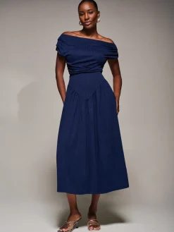 Asymmetric Neckline Midaxi Dress, Navy
