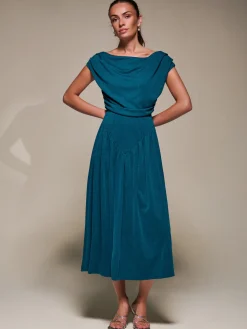 Asymmetric Neckline Midaxi Dress,Teal Blue