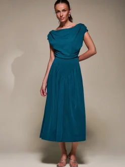 Asymmetric Neckline Midaxi Dress,Teal Blue