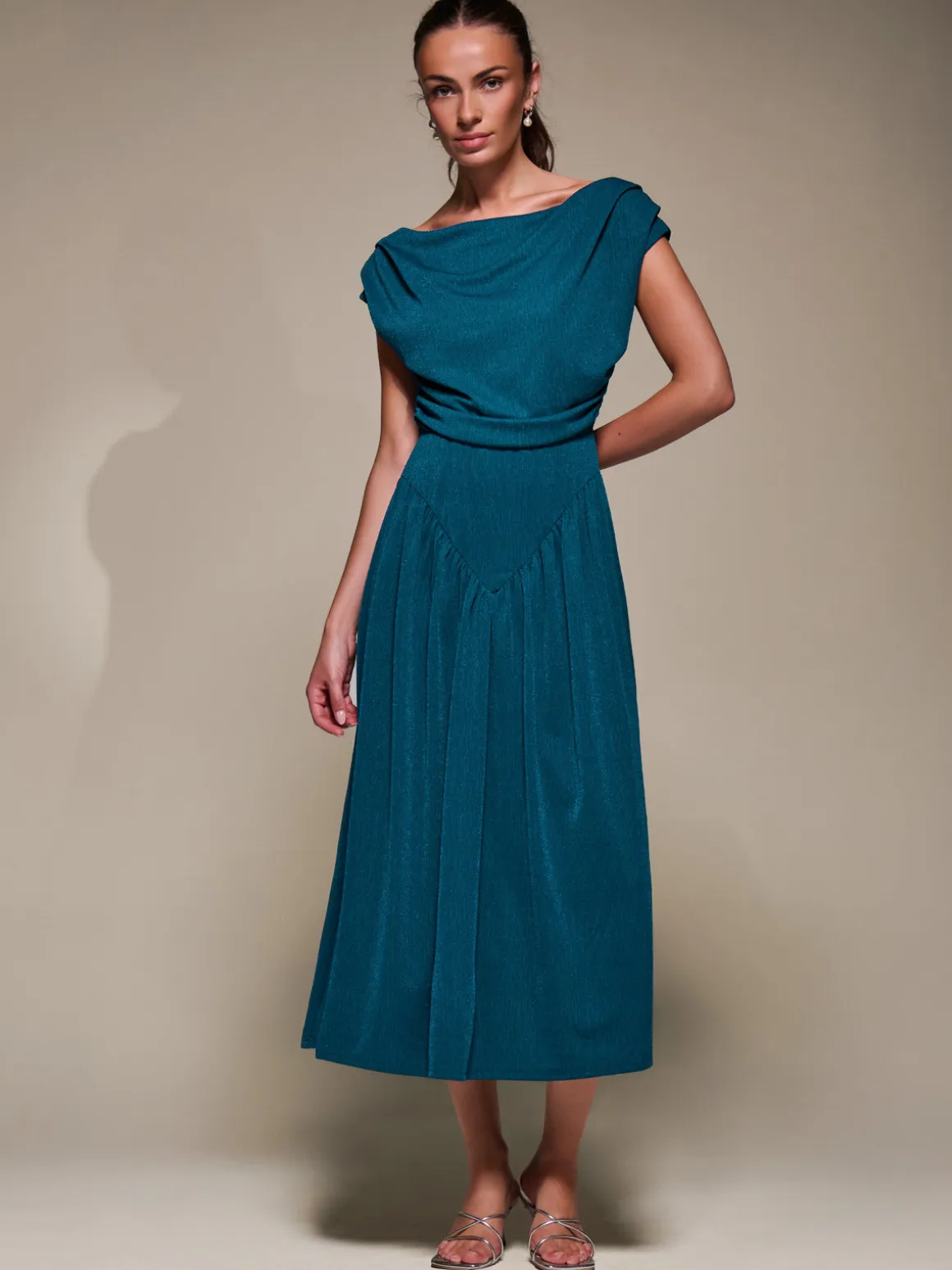 Asymmetric Neckline Midaxi Dress,Teal Blue