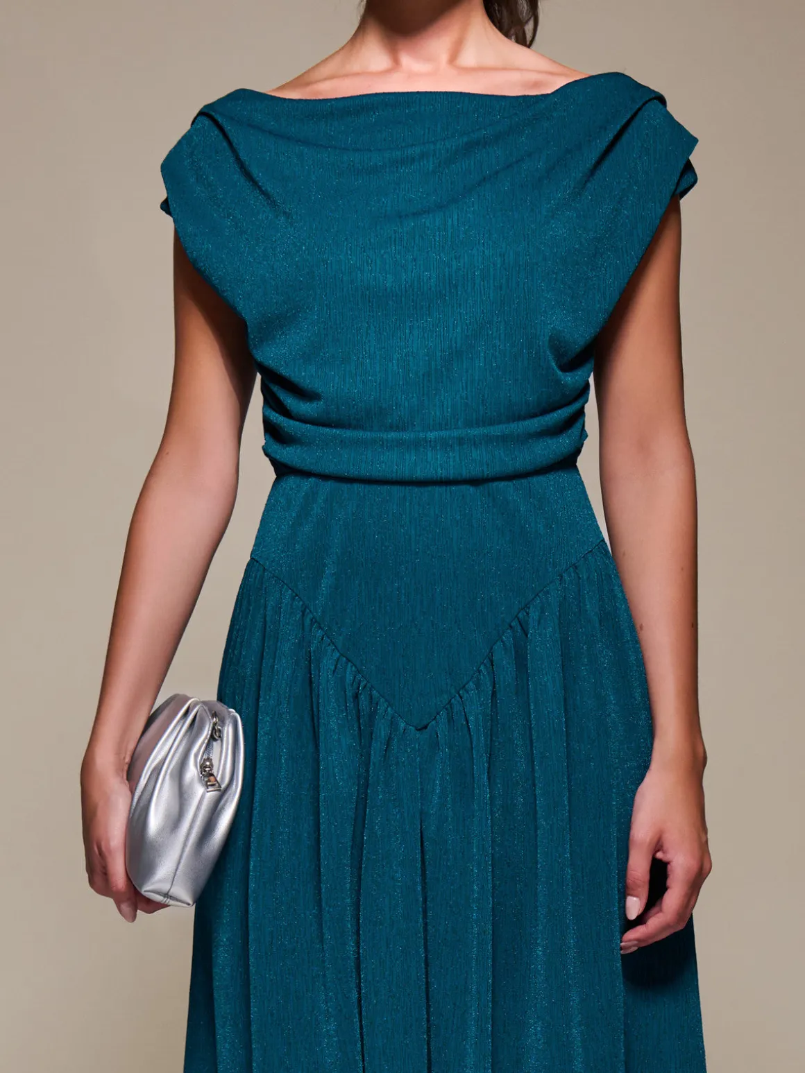 Asymmetric Neckline Midaxi Dress,Teal Blue
