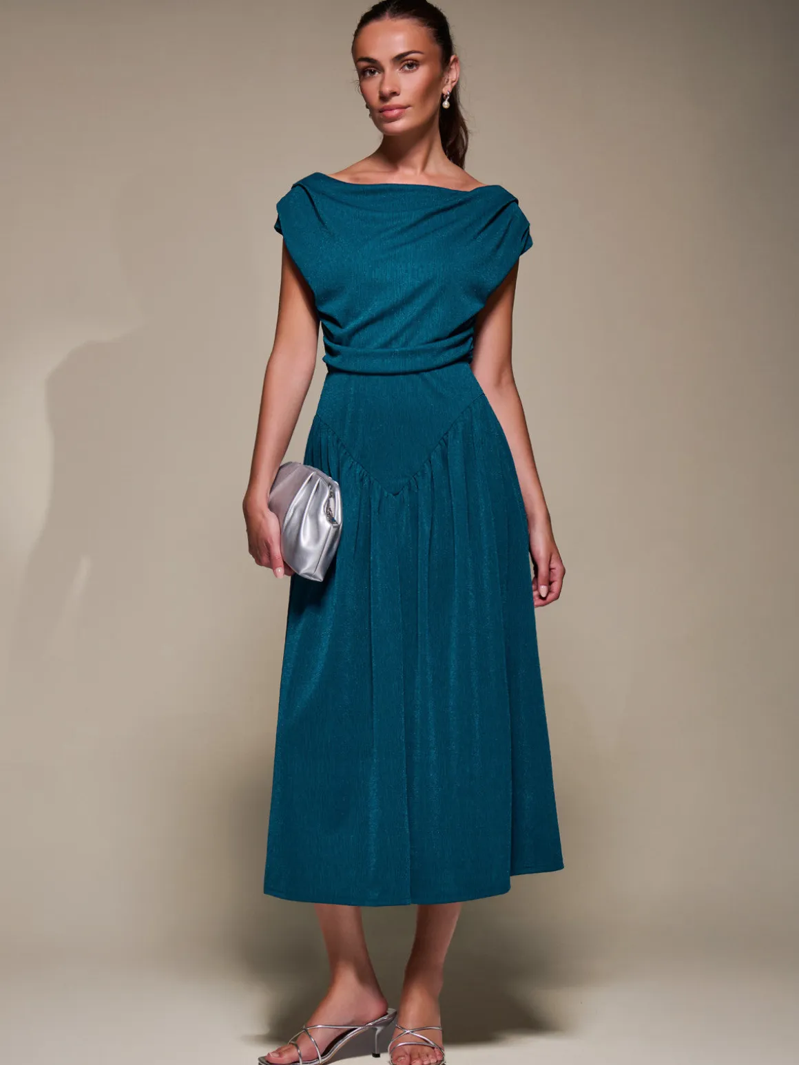 Asymmetric Neckline Midaxi Dress,Teal Blue