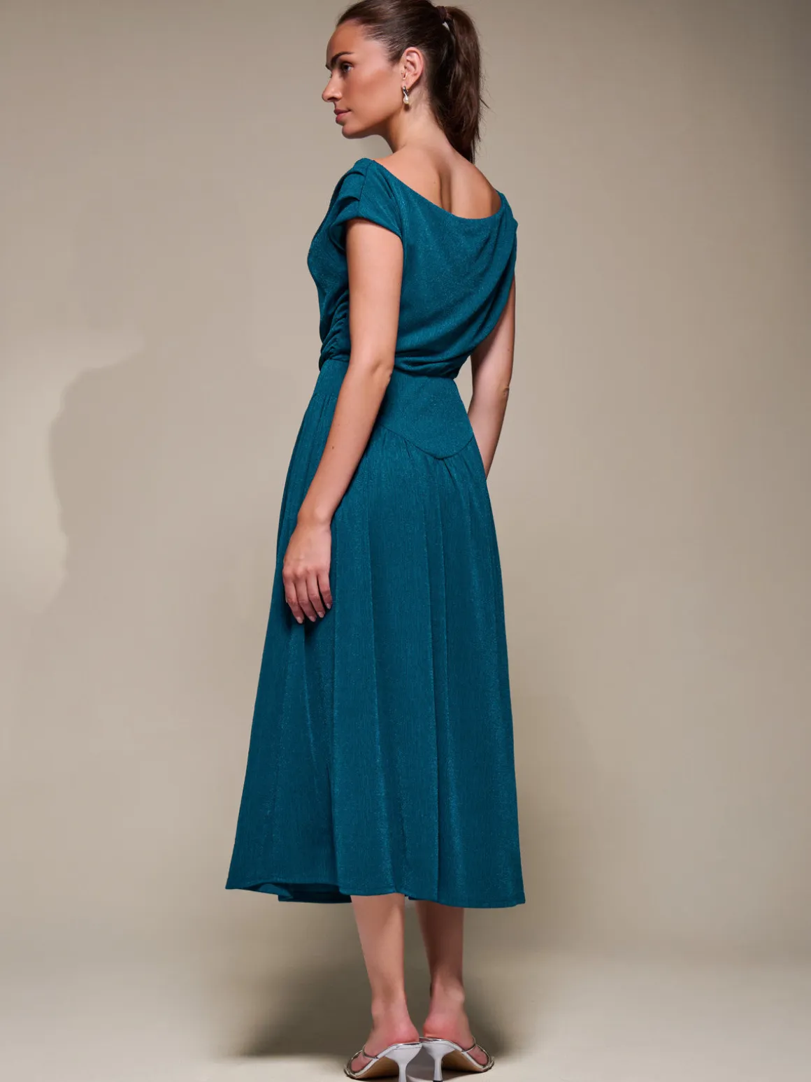 Asymmetric Neckline Midaxi Dress,Teal Blue