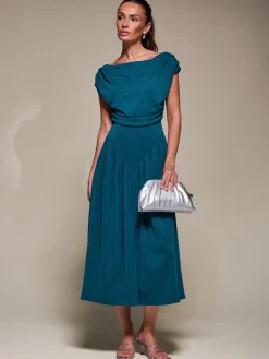 Asymmetric Neckline Midaxi Dress,Teal Blue