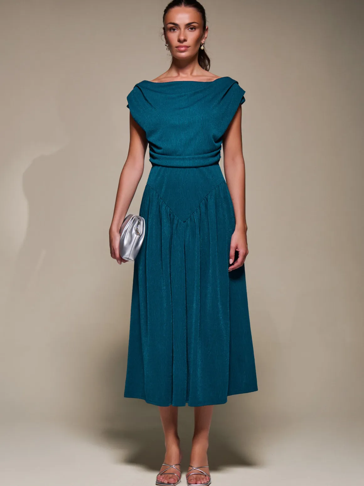 Asymmetric Neckline Midaxi Dress,Teal Blue