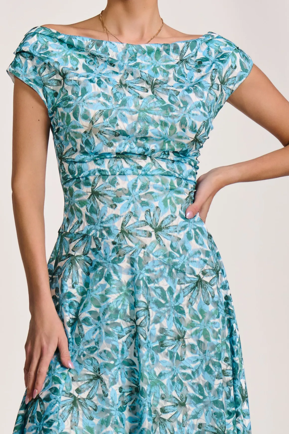 Asymmetric Printed Lace Draped Dress, Blue Abstract