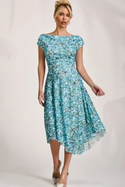 Asymmetric Printed Lace Draped Dress, Blue Abstract