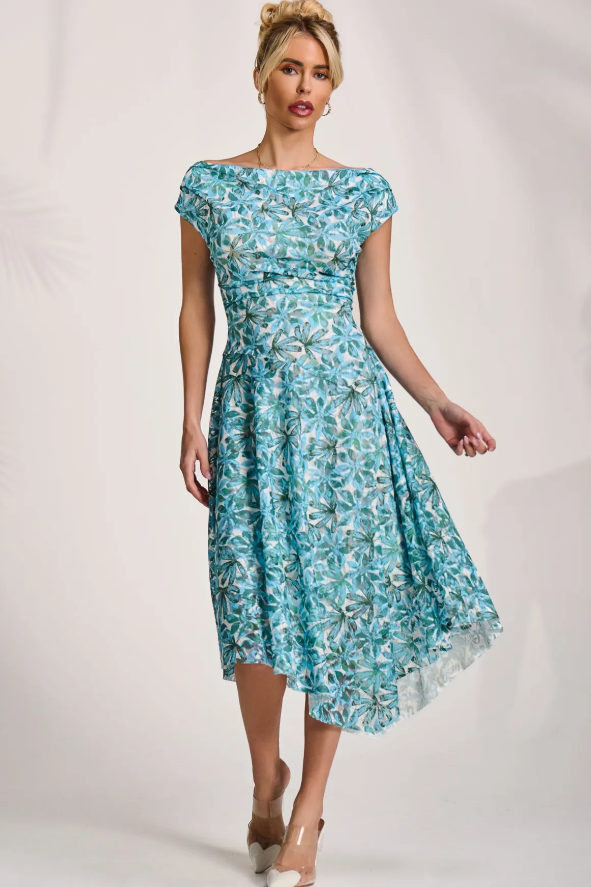 Asymmetric Printed Lace Draped Dress, Blue Abstract