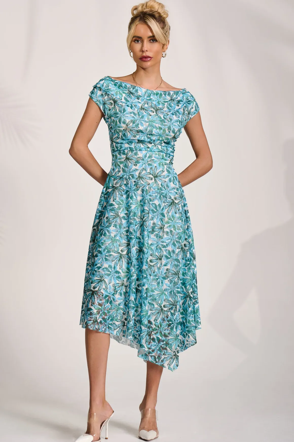 Asymmetric Printed Lace Draped Dress, Blue Abstract