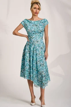 Asymmetric Printed Lace Draped Dress, Blue Abstract