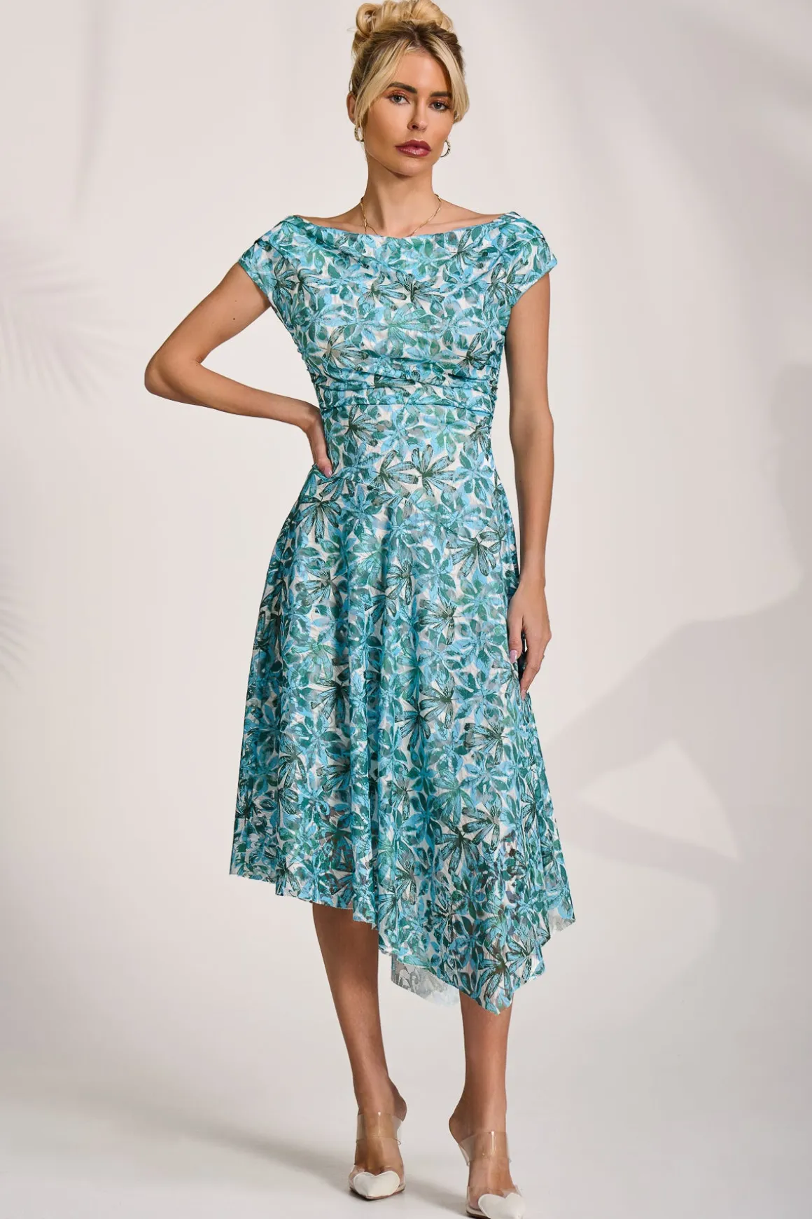 Asymmetric Printed Lace Draped Dress, Blue Abstract
