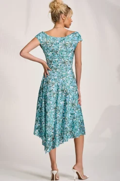 Asymmetric Printed Lace Draped Dress, Blue Abstract