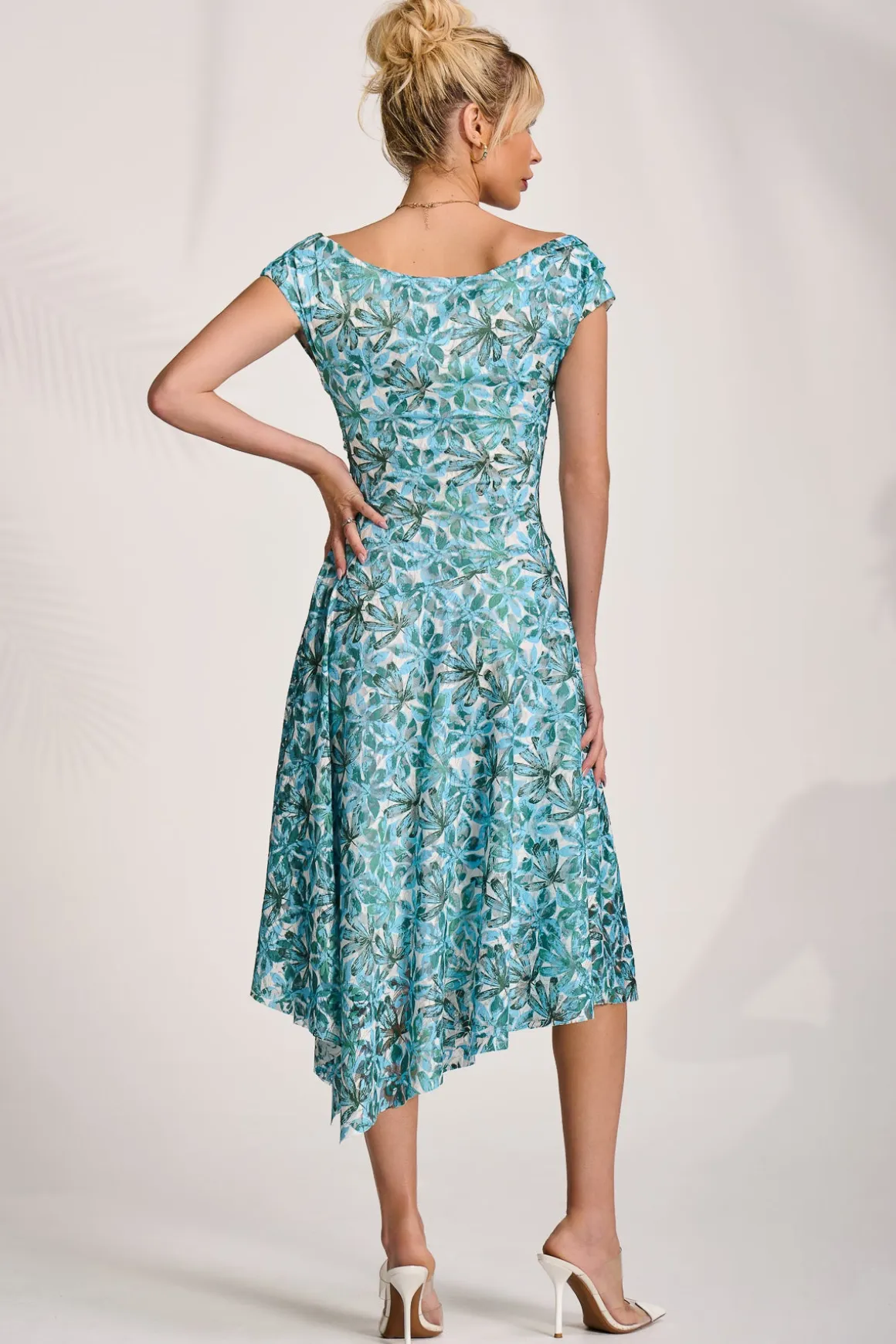 Asymmetric Printed Lace Draped Dress, Blue Abstract