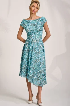 Asymmetric Printed Lace Draped Dress, Blue Abstract