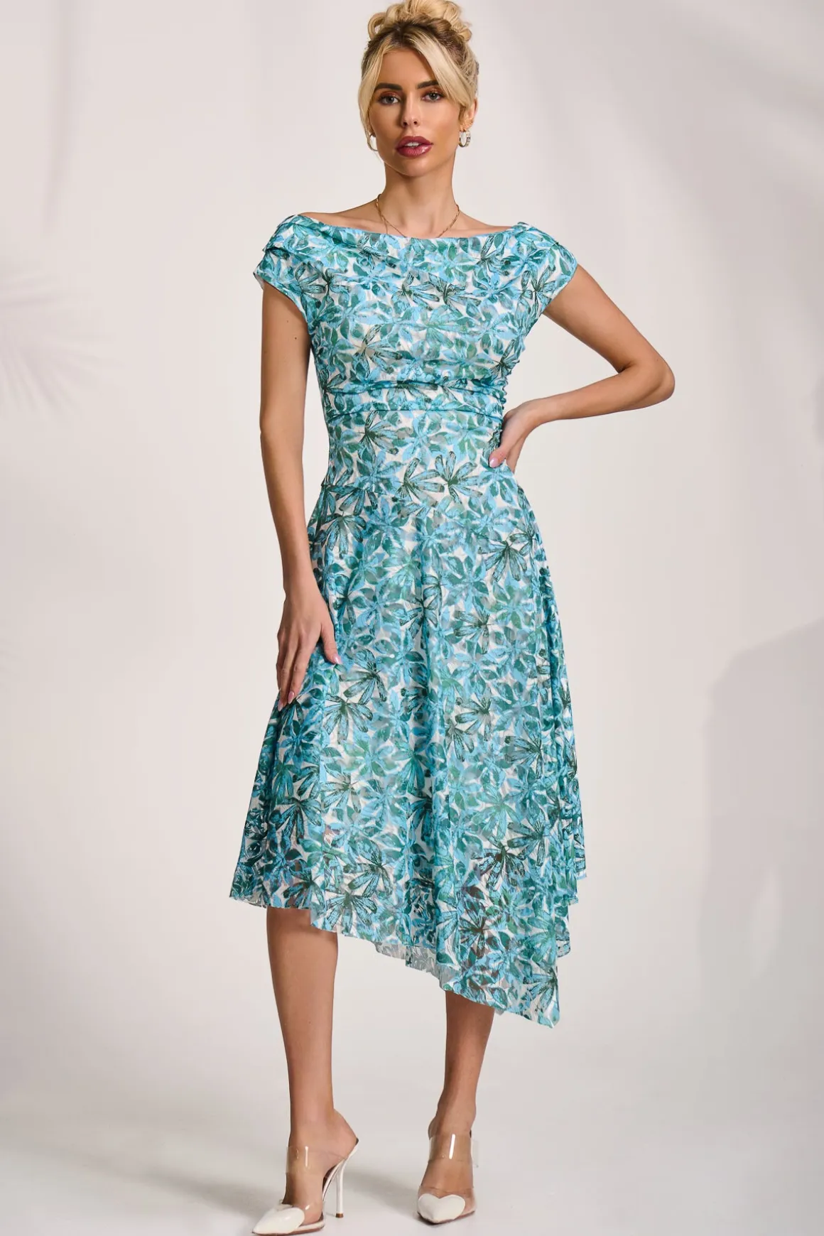 Asymmetric Printed Lace Draped Dress, Blue Abstract