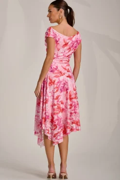 Asymmetric Printed Lace Draped Dress, Pink Floral