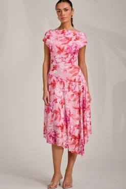 Asymmetric Printed Lace Draped Dress, Pink Floral