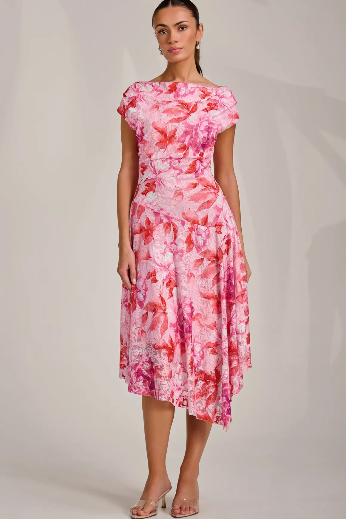 Asymmetric Printed Lace Draped Dress, Pink Floral