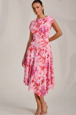 Asymmetric Printed Lace Draped Dress, Pink Floral