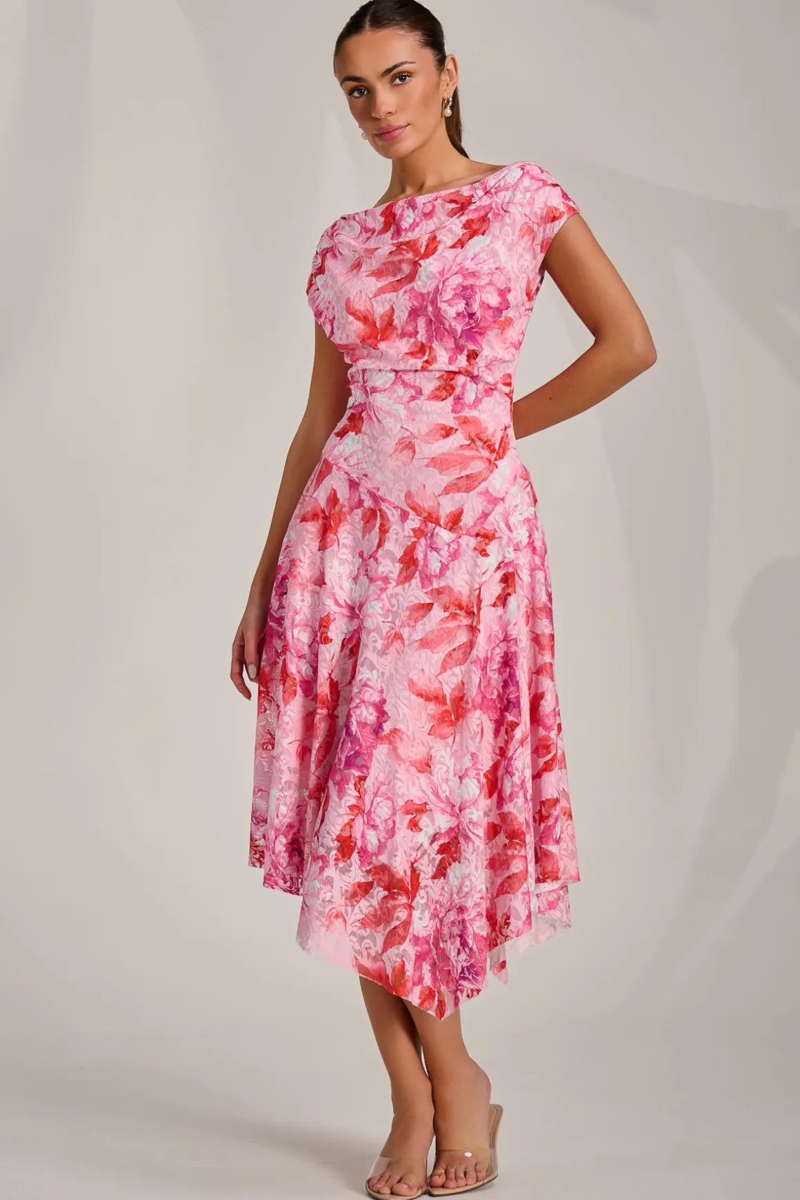 Asymmetric Printed Lace Draped Dress, Pink Floral