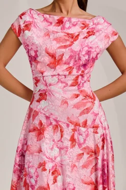 Asymmetric Printed Lace Draped Dress, Pink Floral