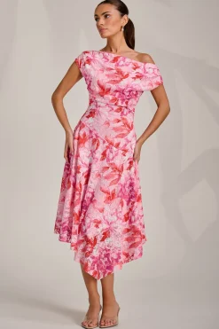 Asymmetric Printed Lace Draped Dress, Pink Floral