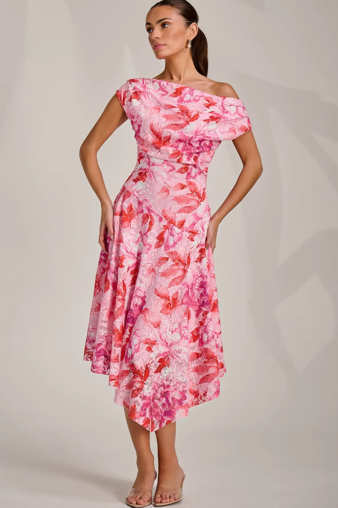 Asymmetric Printed Lace Draped Dress, Pink Floral