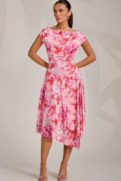 Asymmetric Printed Lace Draped Dress, Pink Floral