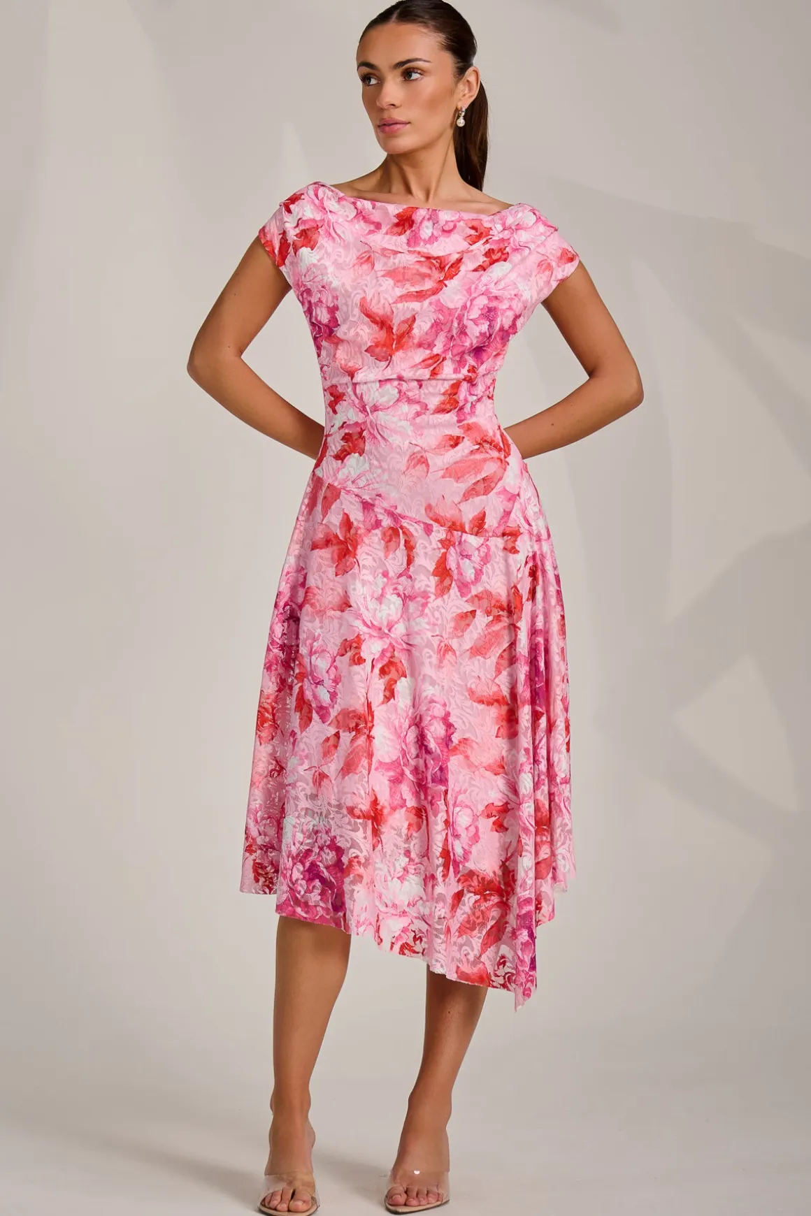 Asymmetric Printed Lace Draped Dress, Pink Floral
