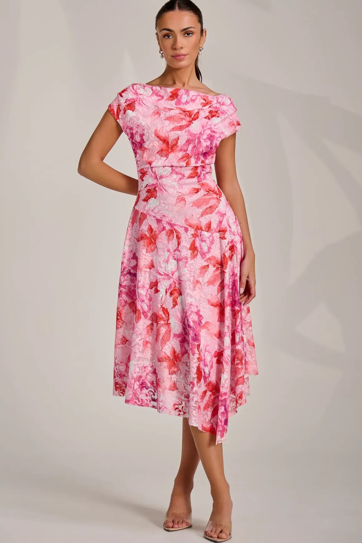Asymmetric Printed Lace Draped Dress, Pink Floral