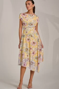 Asymmetric Printed Lace Draped Dress, Yellow Floral