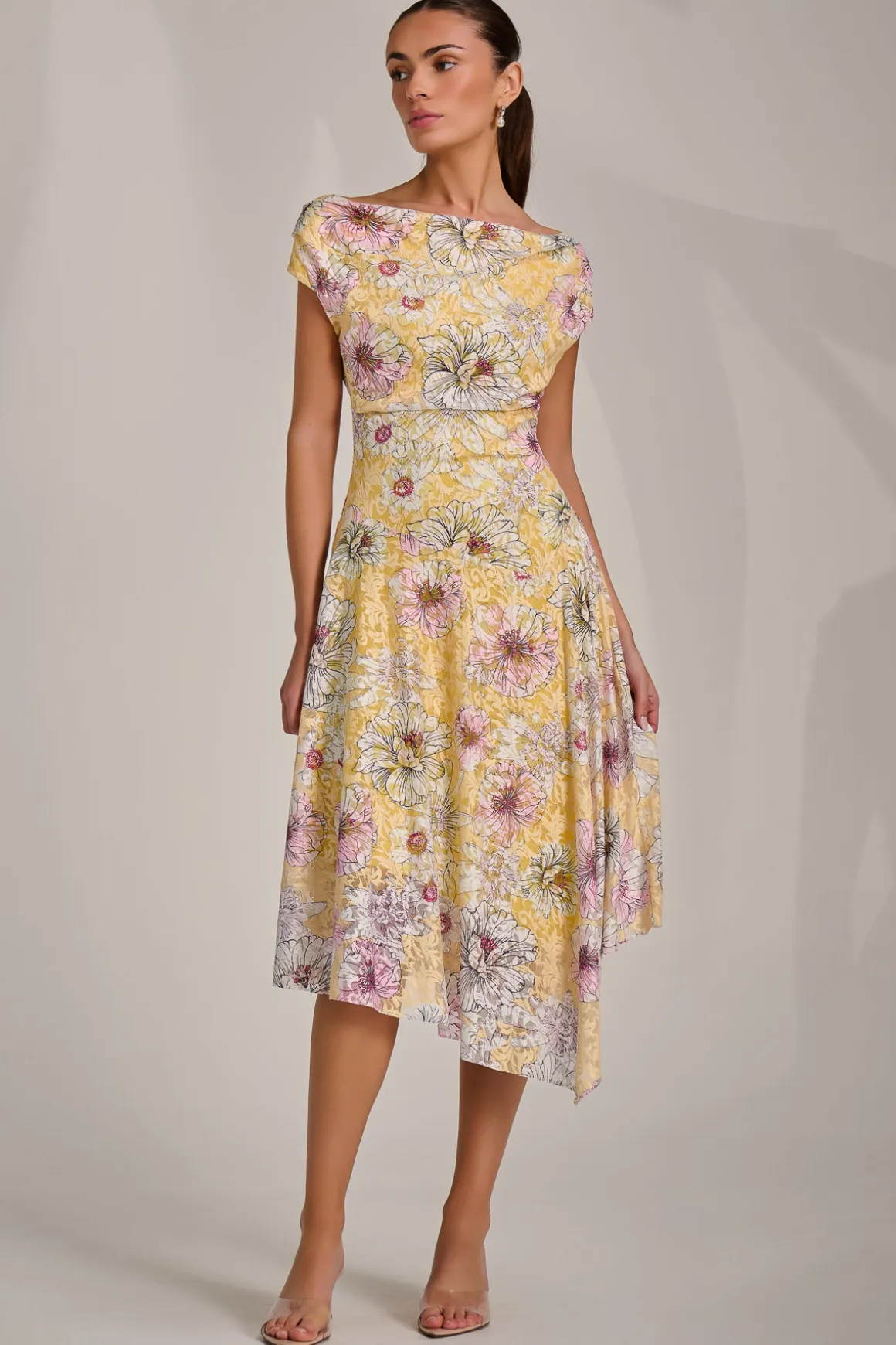 Asymmetric Printed Lace Draped Dress, Yellow Floral