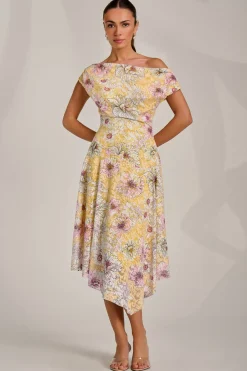 Asymmetric Printed Lace Draped Dress, Yellow Floral